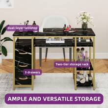 Manicure Table, Nail Desk For Nail Tech, Marbling Texture Manicure Desk With 3 Drawers & Open Shelves For Beauty Salon Spa Black