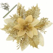 10 件金色一品红人造花带夹子和花茎闪光一品红适用于节日派对、餐桌装饰、餐桌摆饰、人造花、塑料花 - 金色 - 查看 1