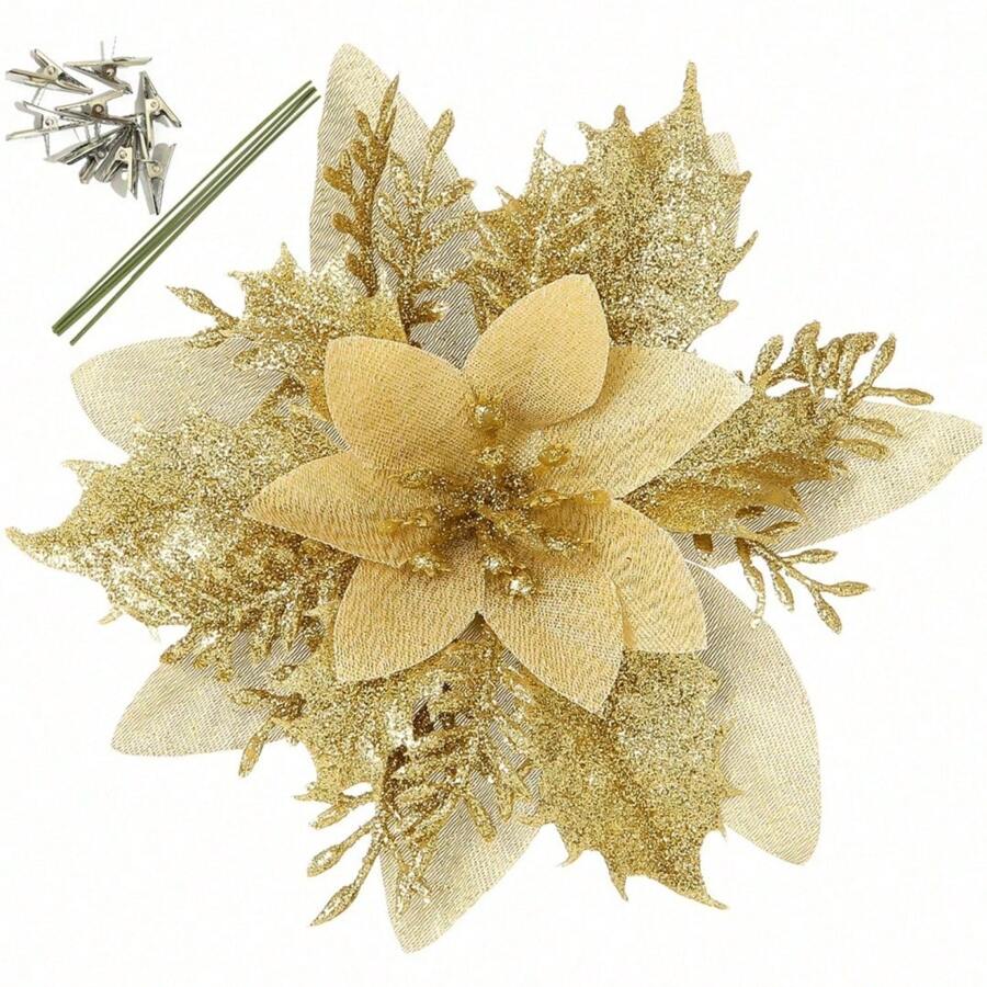 10 件金色一品红人造花带夹子和花茎闪光一品红适用于节日派对、餐桌装饰、餐桌摆饰、人造花、塑料花 - 金色 - 查看 1