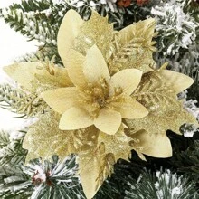10 件金色一品红人造花带夹子和花茎闪光一品红适用于节日派对、餐桌装饰、餐桌摆饰、人造花、塑料花 - 金色 - 查看 7