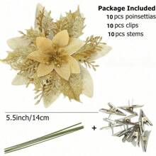 10 件金色一品红人造花带夹子和花茎闪光一品红适用于节日派对、餐桌装饰、餐桌摆饰、人造花、塑料花 - 金色 - 查看 3