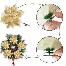 10 件金色一品红人造花带夹子和花茎闪光一品红适用于节日派对、餐桌装饰、餐桌摆饰、人造花、塑料花 - 金色 - 查看 5