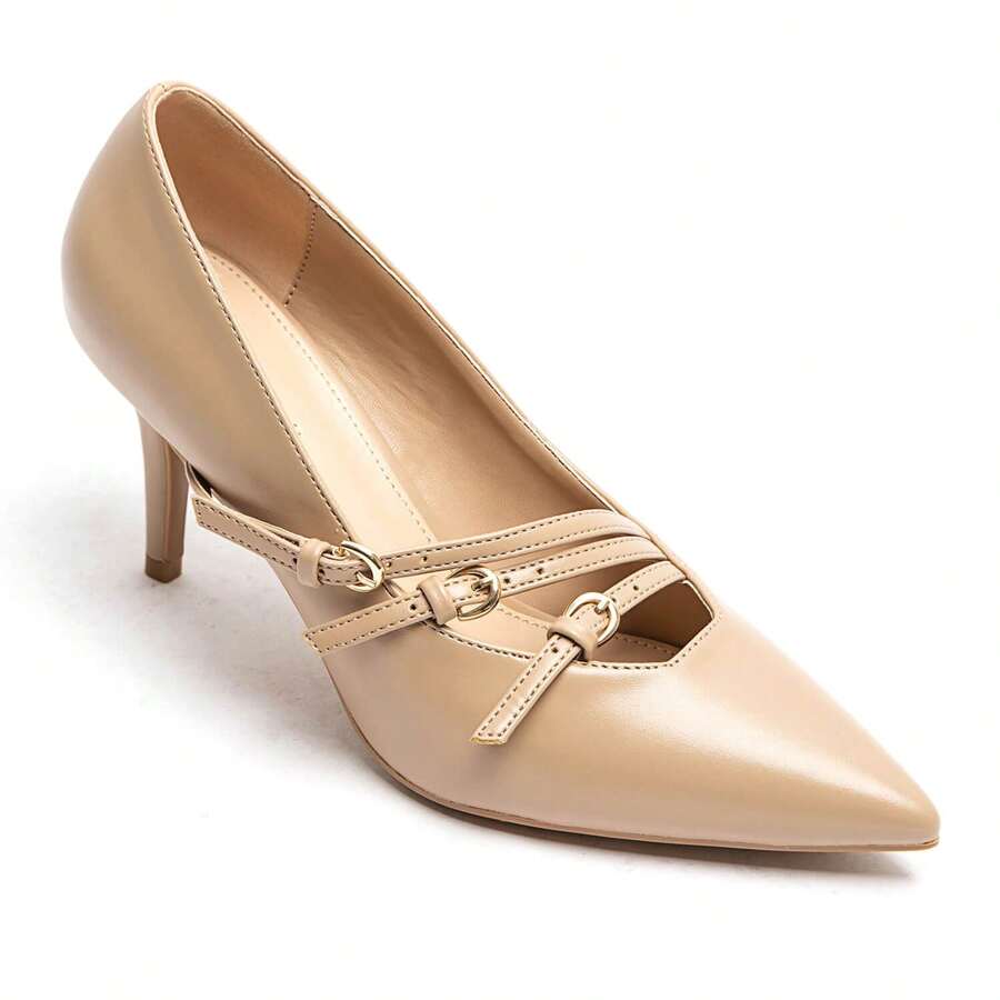 Beige Thin Heel Pumps With Decorative Straps And Gold Buckles - Khaki - View 1