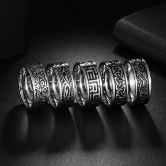 Juego de 5 anillos vintage de acero inoxidable para hombre, con patrones de glicina y ondas