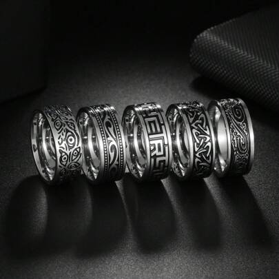 5 Pcs/Set Vintage Stainless Steel Men's Ring Set, Wisteria & Wave Patterns