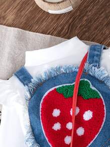 3pcs/Set Baby Girls Fashion Casual Solid Top + Stylish Strawberry Tassel Suspender Skirt + Matching Strawberry Bag - White - View 3