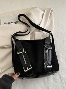 韩版休闲大容量麂皮女式流浪包，2024春夏新款优雅时尚单肩包、旅行包、背包，适合上学/多用途 - 黑色 - 查看 5