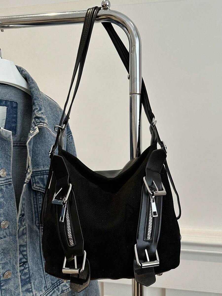 韩版休闲大容量麂皮女式流浪包，2024春夏新款优雅时尚单肩包、旅行包、背包，适合上学/多用途 - 黑色 - 查看 1