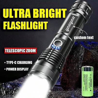 1pc 5 Modes P50 / LEP Zoom Flashlights Rechargeable High Lumens Super Bright Led Torch With High Capacity 26650 Battery Waterproof Powerful For Camping Walking Hiking Running Fishing Men Birthday Personalized Gift, Camping Accessories