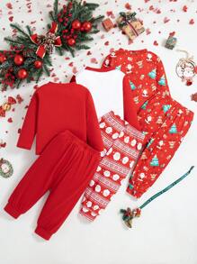 宝宝圣诞节卡通麋鹿圣诞老人圣诞树印花圆领上衣裤子套装三件套 - 紅色 - 查看 2