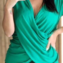 Plain Wrap Top In Viscolycra Comfortable Loose Oversized Short Sleeve Women's Fashion - 綠色 - 查看 3