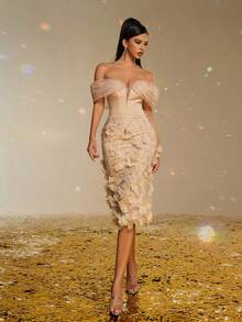 Smilprince Elegant Champagne Off-Shoulder Midi Dress With 3D Floral Appliques, Beaded Detailing, Formal Cocktail Dress Party Dress Wedding Guest Dress
