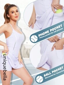 UNIQUEBELLA 运动网球高尔夫连衣裙，配有内置胸罩、短口袋和可调节肩带 - 非常适合运动和健身 - 紫色 - 查看 2