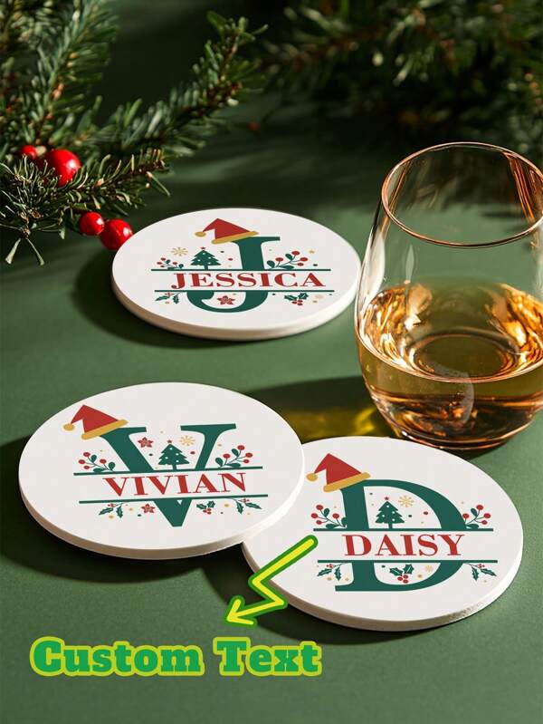 1 pieza Posavasos personalizado con forma de letra navideña de cerámica, estera absorbente para tazas de bebida, con diseño personalizable de nombre y letra navideña, apta para bebidas, tés y tazas de café, decoración del hogar y restaurante, artículo esencial de regalo navideño, decoración navideña