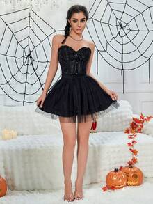 Váy ngắn xếp lớp voan lưới kiểu punk với cạp chun co giãn - màu đen - Xem 5