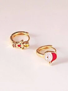 1 对简约时尚优雅滴釉卡通圣诞老人和驯鹿不对称环状耳环，女士鹿耳钉，时尚风格 - 聖誕耳扣 - 查看 6