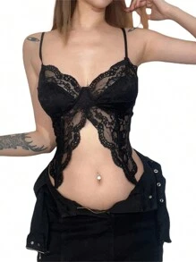 Women Lace Camisole, Sleeveless See-Through Slit Slim Summer Bralette For Club Party - 黑色 - 查看 3