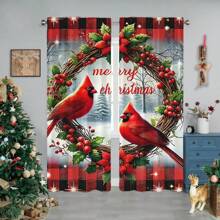 2pcs Christmas Theme Curtains,Christmas Red Bird And Berry Red Leaf Design Curtains,Bedroom Living Room Decoration Curtains,Christmas Decorations,Christmas Gifts