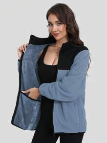 SUPEKYKO Women's Plain Fleece Front Zip-Up Long Sleeve Casual Jacket - Blue - View 2