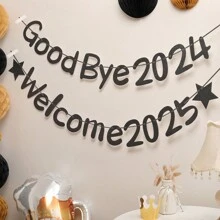 1 set Au revoir 2024 Bienvenue 2025 Paillettes dorées Serpentins Décoration de fête du Nouvel An Bannière