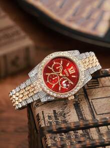 1pc Men's Minimalist Business Roman Numeral Dial Full Diamond Steel Band Quartz Watch, Suitable For Daily Matching, Birthday, Gift For Men, Anniversary, Year-End Promotion, Singles Day, Halloween Promotion, No Gift Box - Red - View 3