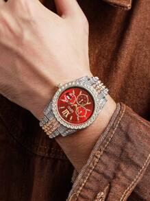 1pc Men's Minimalist Business Roman Numeral Dial Full Diamond Steel Band Quartz Watch, Suitable For Daily Matching, Birthday, Gift For Men, Anniversary, Year-End Promotion, Singles Day, Halloween Promotion, No Gift Box - Red - View 2