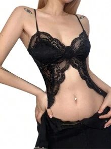 Women Lace Camisole, Sleeveless See-Through Slit Slim Summer Bralette For Club Party - 黑色 - 查看 6