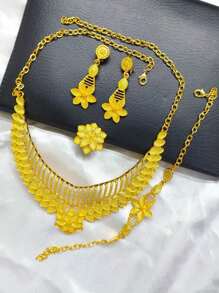 1 套：1 条项链、1 对耳环、1 条手链、1 个戒指 - 时尚女士花卉和叶子镀金首饰套装，4 件，欧洲、迪拜、非洲风格新娘、婚礼、派对、节日合金配件 - 金黃色 - 查看 2