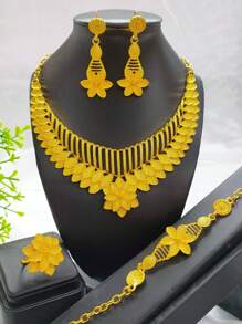1 套：1 条项链、1 对耳环、1 条手链、1 个戒指 - 时尚女士花卉和叶子镀金首饰套装，4 件，欧洲、迪拜、非洲风格新娘、婚礼、派对、节日合金配件 - 金黃色 - 查看 1