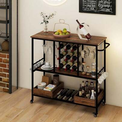 Serving Trolley With 3 Levels, Bar Trolley With Wine Rack & Glass Holder, Kitchen Trolley With Handle & S-Hook, Rolling Wine Trolley With Wheels For Kitchen, Bar, Living Room, 108 X 40 X 91 Cm