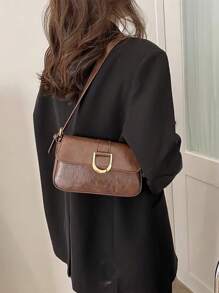 简约金属装饰翻盖方形包 - 咖啡棕 - 查看 6