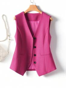 Women Solid Color Vest, V-Neck Jacket, Spring Autumn Style, Fashionable Commuter, Female Garment Casual Summer - Hot Pink - View 1