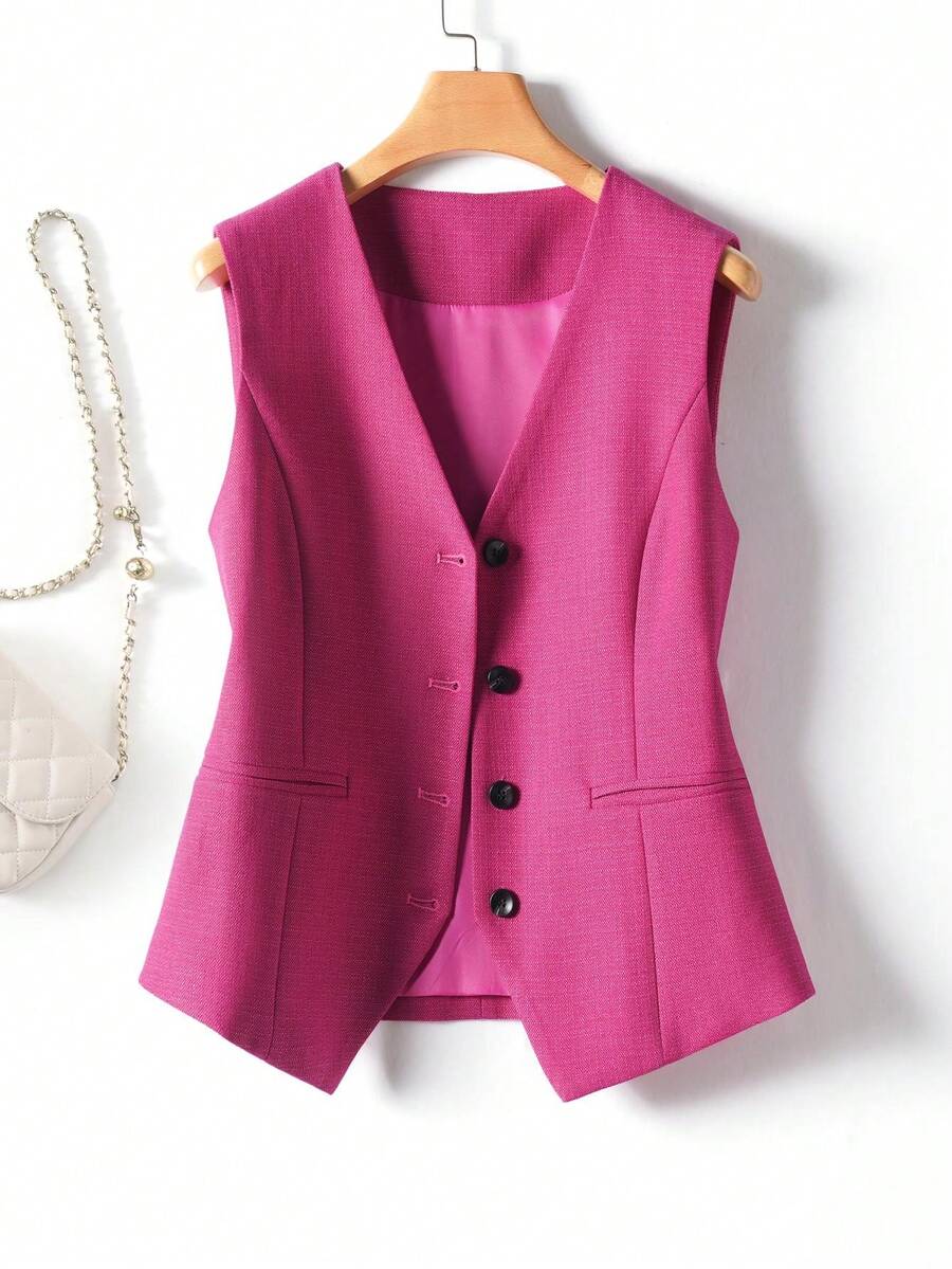Women Solid Color Vest, V-Neck Jacket, Spring Autumn Style, Fashionable Commuter, Female Garment Casual Summer - Hot Pink - View 1