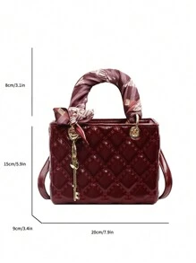 绗缝 PU 菱形图案迷你手提包，休闲百搭女士单肩包/斜挎包，优雅妈咪包 - 酒紅色 - 查看 2