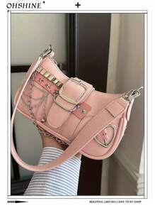 Y2K 时尚百搭星月设计小众甜美闪光粉色千禧肩斜挎链条星包，女性街头潮流派对礼物 - 粉色 - 查看 1