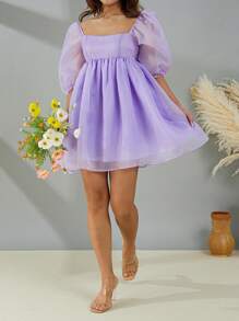 Women Summer Puffy Dress, Solid Color Square Neck Bubble Sleeve One-Piece Short Dress For Ladies, Pink/Purple/Yellow - Purple - View 4