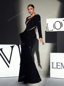Vestido de noche formal con manga larga, cuello asimétrico y abertura con lentejuelas para mujer, vestido de gala elegante negro para invitada de boda, graduación, cena y fiesta