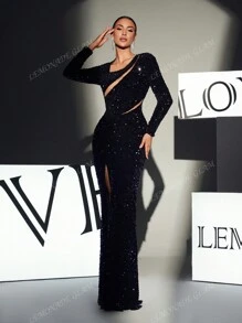 Vestido de noche formal con manga larga, cuello asimétrico y abertura con lentejuelas para mujer, vestido de gala elegante negro para invitada de boda, graduación, cena y fiesta