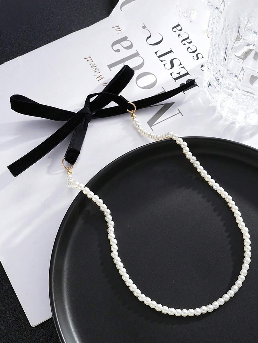 1 chiếc Vòng cổ ngọc trai giả nơ độc đáo thời trang dành cho nữ, Phụ kiện vòng cổ nơ sáng tạo cao cấp có thể điều chỉnh, Quà tặng lý tưởng - Nhiều màu - Xem 1