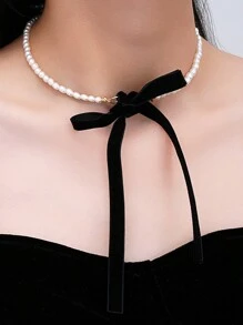 1 chiếc Vòng cổ ngọc trai giả nơ độc đáo thời trang dành cho nữ, Phụ kiện vòng cổ nơ sáng tạo cao cấp có thể điều chỉnh, Quà tặng lý tưởng - Nhiều màu - Xem 2