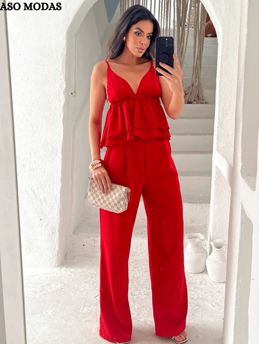 Women's Set Of Pants And Blouse, Elegant Fashion - 紅色 - 查看 1