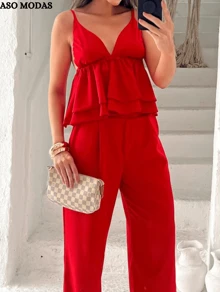 Women's Set Of Pants And Blouse, Elegant Fashion - 紅色 - 查看 2