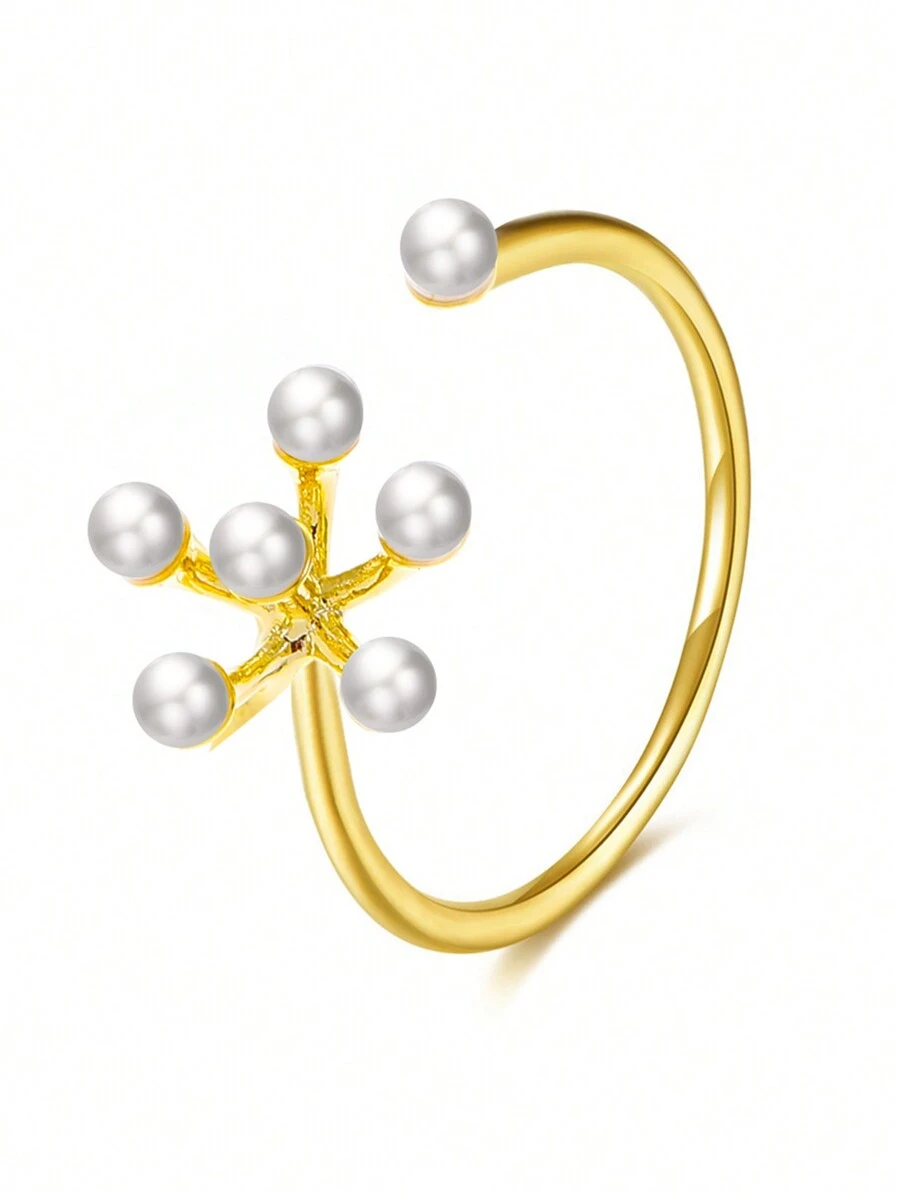 1 件时尚奢华简约设计珍珠花装饰可调节开口戒指，适合女性日常佩戴、派对配饰、送给家人朋友的生日/周年纪念礼物