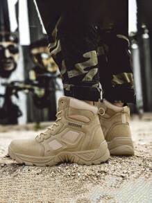 新款男士秋冬战术靴，户外军装风格，网眼和皮革鞋面，舒适衬里，经典厚底，厚底鞋跟，适合徒步旅行、钓鱼、露营、训练 - 米色 - 查看 3