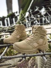 新款男士秋冬战术靴，户外军装风格，网眼和皮革鞋面，舒适衬里，经典厚底，厚底鞋跟，适合徒步旅行、钓鱼、露营、训练 - 米色 - 查看 6