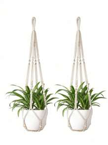 1 件装植物吊架室内悬挂花盆篮带木珠装饰花盆架无流苏适用于室内室外波西米亚风家居装饰 35 英寸，象牙色户外装饰 - 米色 - 查看 7