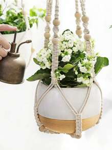 1 件装植物吊架室内悬挂花盆篮带木珠装饰花盆架无流苏适用于室内室外波西米亚风家居装饰 35 英寸，象牙色户外装饰 - 米色 - 查看 10