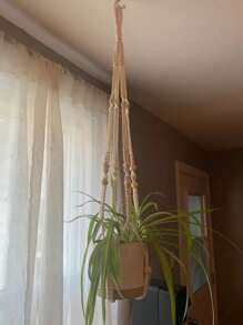 1 件装植物吊架室内悬挂花盆篮带木珠装饰花盆架无流苏适用于室内室外波西米亚风家居装饰 35 英寸，象牙色户外装饰 - 米色 - 查看 11