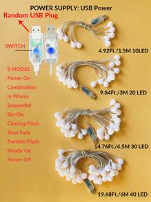 1串8种灯光模式USB供电家居装饰LED球形灯串,室内房间装饰灯,卧室墙面装饰LED灯串,适用于婚礼装饰、生日派对装饰、露营帐篷装饰、户外装饰灯、花园装饰、庭院装饰球形灯串 - 白色 - 查看 12