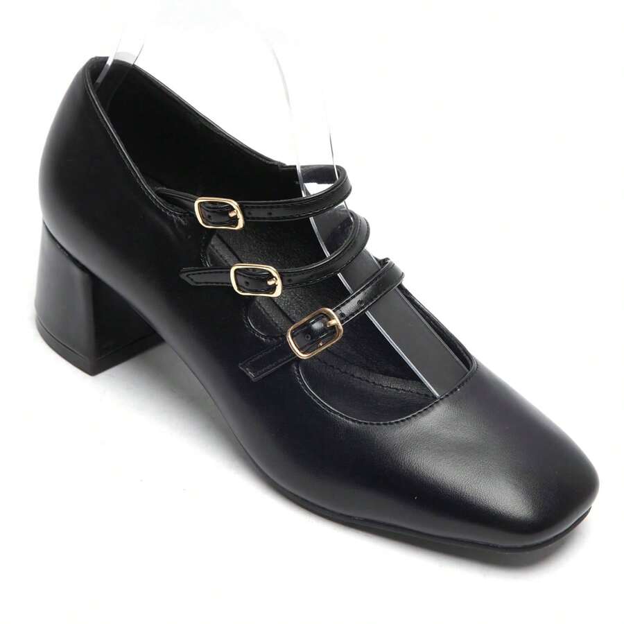 Elegant Multi-Strap Pumps - Gold And Black Finish, Comfortable Block Heel - Black - View 1